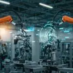 AI-powered smart manufacturing facility with robotic automation, predictive analytics dashboard, and digital quality control systems.