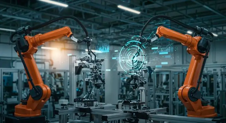 AI-powered smart manufacturing facility with robotic automation, predictive analytics dashboard, and digital quality control systems.