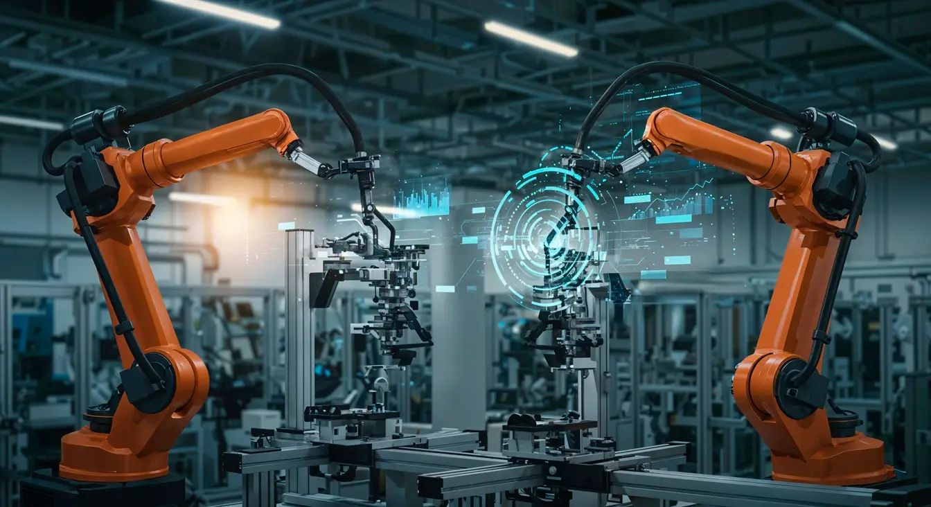 AI-powered smart manufacturing facility with robotic automation, predictive analytics dashboard, and digital quality control systems.